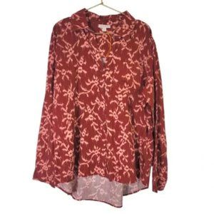 Knox Rose Deep Hibiscus Floral V-neck Button Down Shirt Size XL NWOT